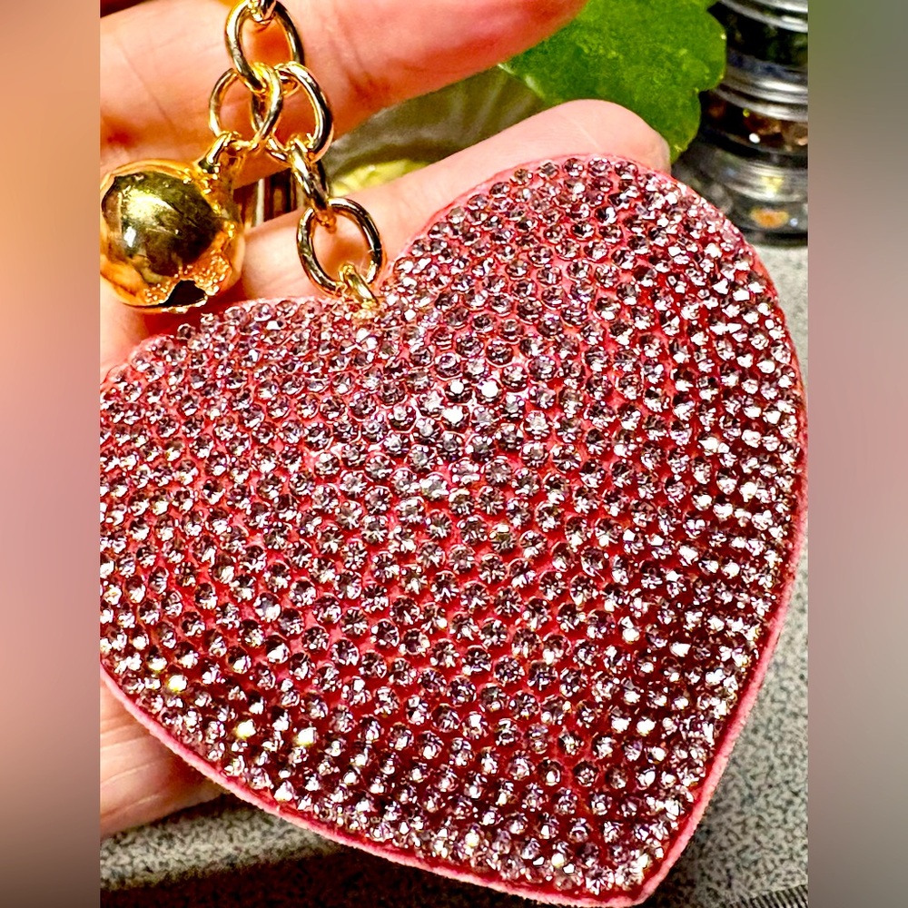 Pink Heart Keychain with Rhinestones and jingle bell/gold
